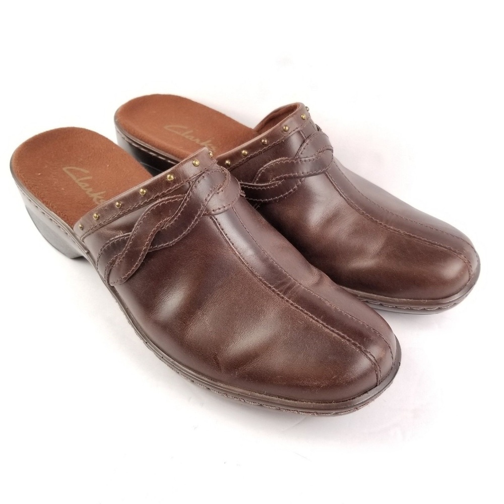 Clarks Clogs Mules Shoes Brown Leather Womans 9.5